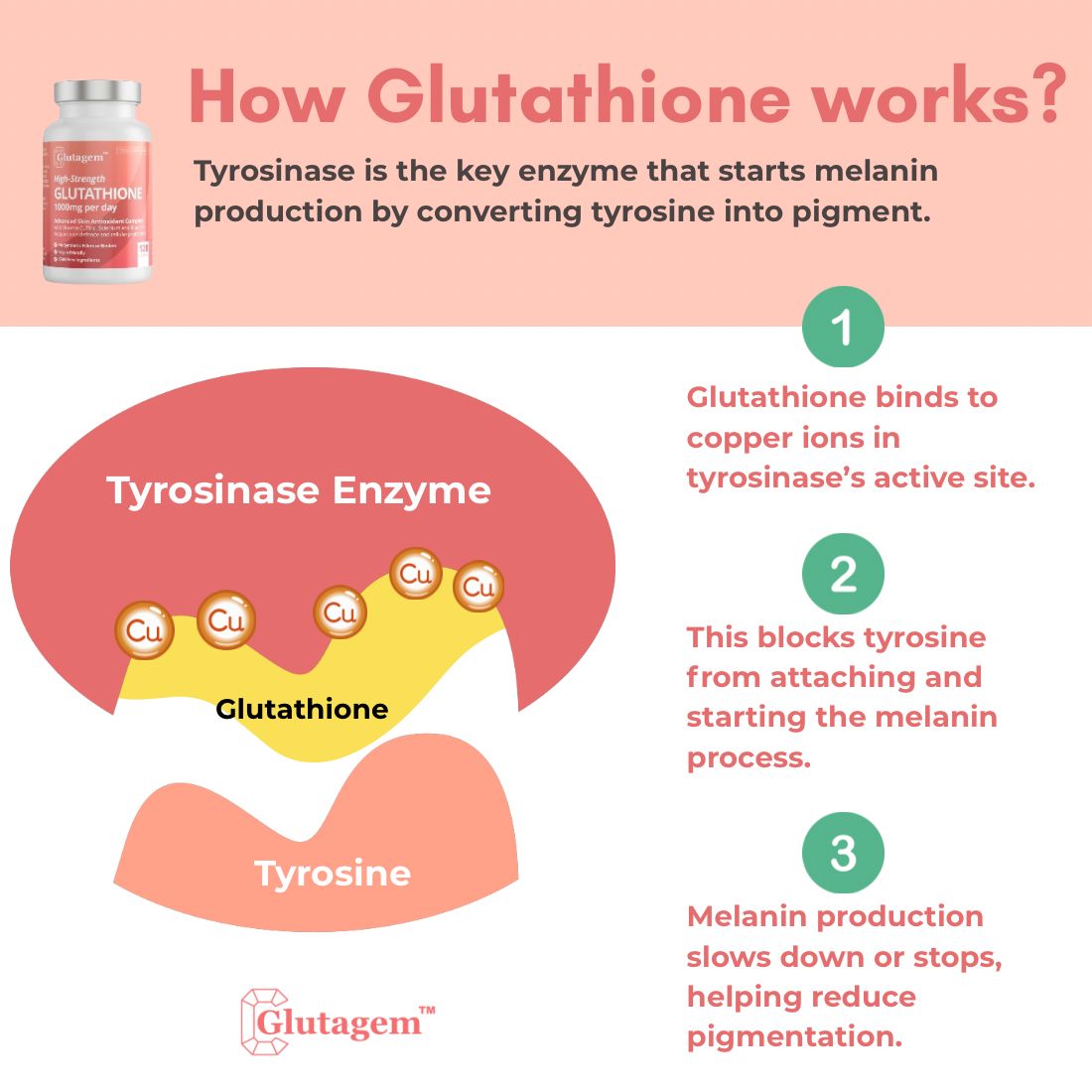 Illustration of glutathione molecules interacting with skin cells showing antioxidant action; visualizing how Glutagem works to brighten, protect & detox.