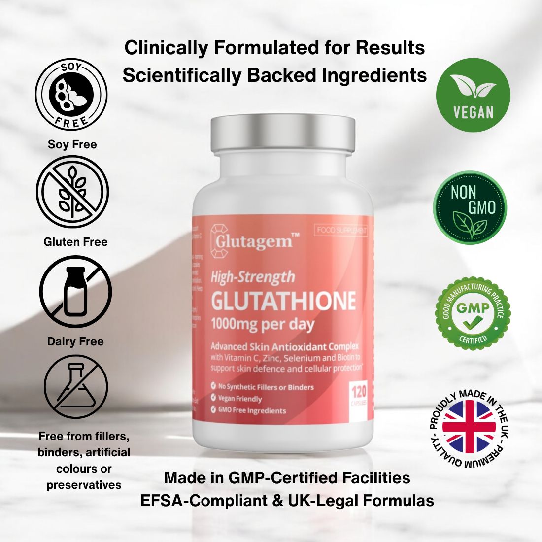 Glutathione supplement tub with certification logos on a white background emphasising transparency and scientifically supported elements in the formula