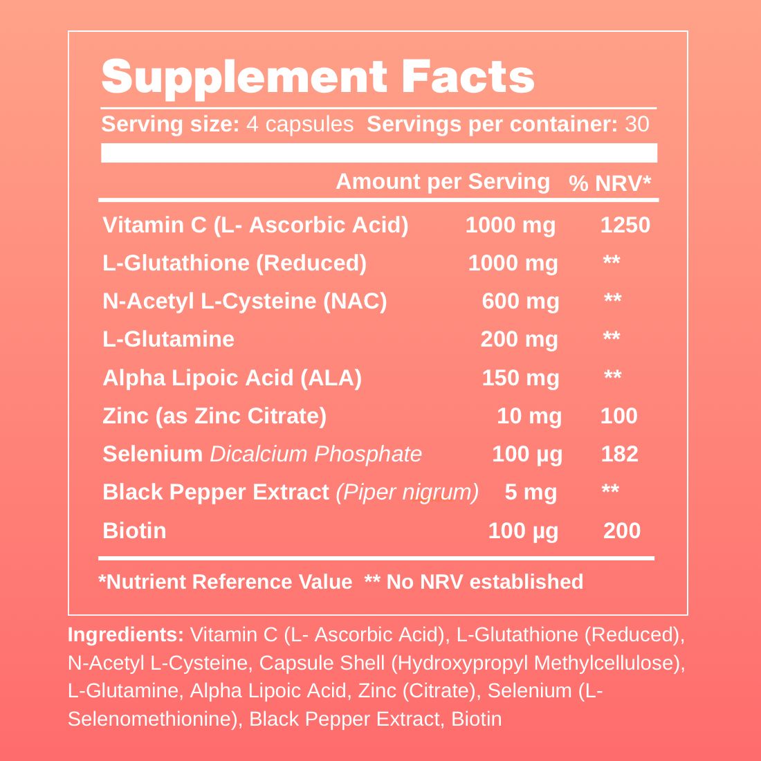 Close-up of Glutagem Supplement Facts panel  on a pink background with nutritional info, ingredients, dosage guidance and label details on antioxidant glutathione supplement